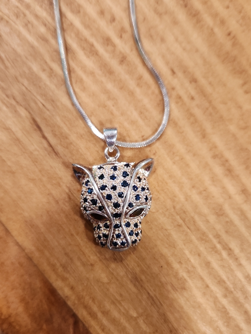 Silver Leopard Head Pendant Necklace with Blue Accents